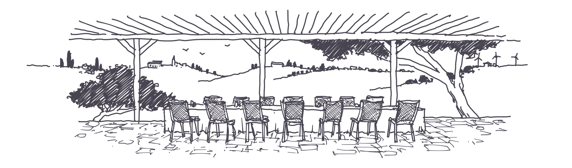 Line drawing of a long table under a pergola, with a tree and rolling hills behind