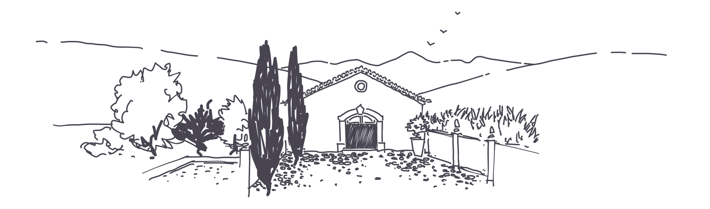Line drawing of the venue, a farmhouse with cypress trees and hills behind