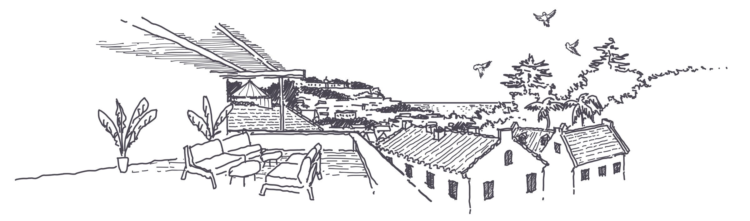 Line drawing of a rooftop terrace with sofas and plants, looking over tiled roofs to the sea